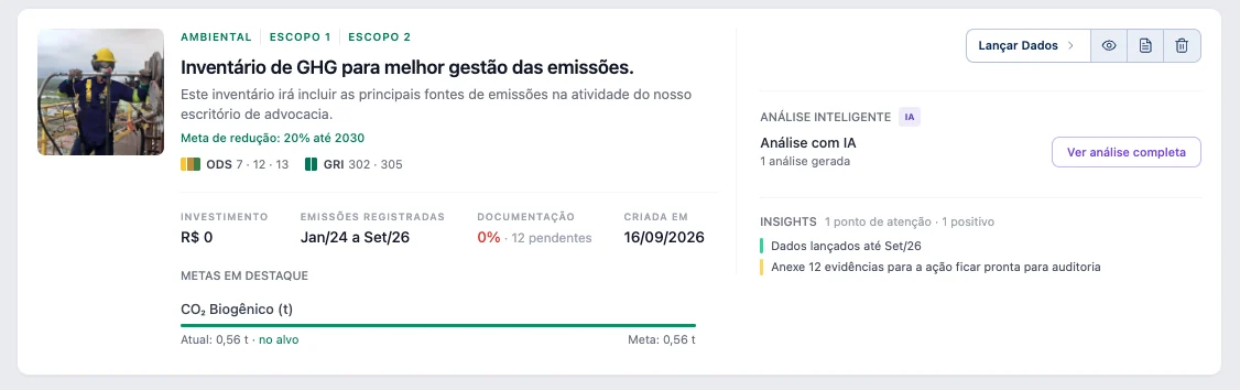 Ação de inventário de GHG com análise por IA na Plataforma Paresi